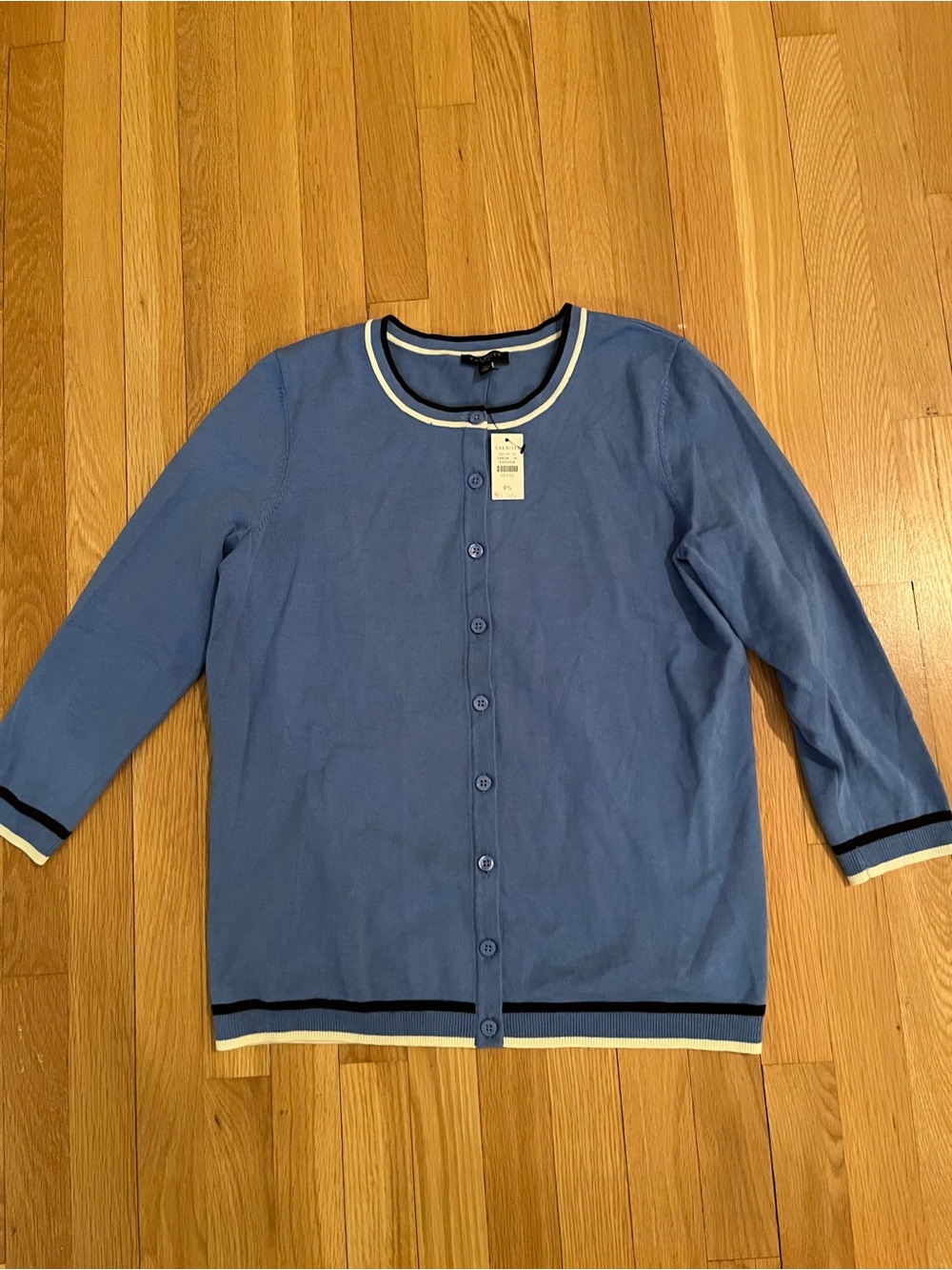Talbots Petite Light Blue Cardigan with Navy & Cream Trim size petite small